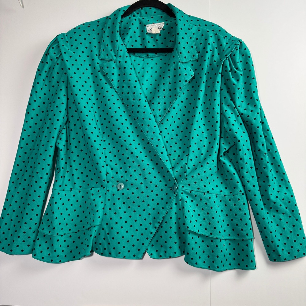 Vintage Risa Ann New York Teal Polka Dot Peplum Blazer Jacket Green Black 18W